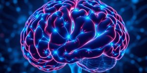 AI brain with glowing neural network connections.