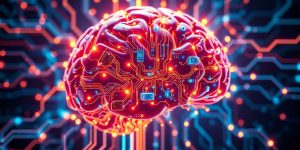 AI brain with glowing digital connections.