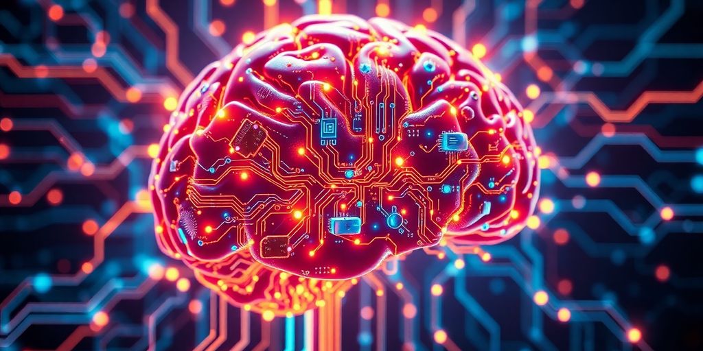 AI brain with glowing digital connections.